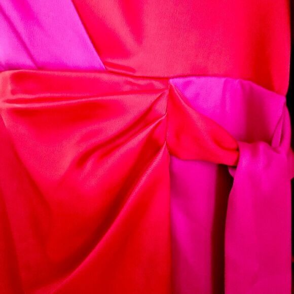 NWT Anne Klein Long-Sleeve Collared Color-Block Satin Faux-Wrap Midi Dress 6 - Picture 5 of 10